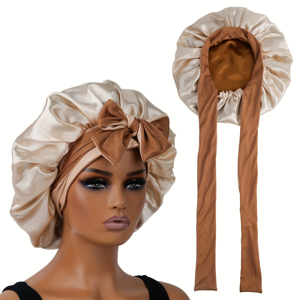 1pc Double-Layered Reversible Sleep Satin Bonnet with Long Straps, Hair Care Accessory for Women, Beauty Salon Hair Tools